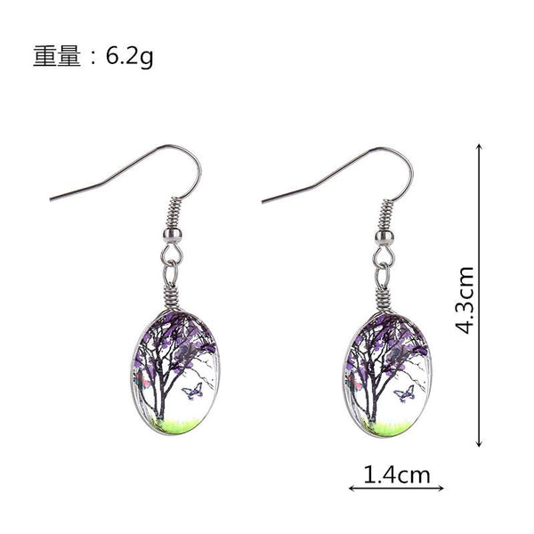 Butterfly Wishing Tree Glass Dried Flower Long Drop Earrings